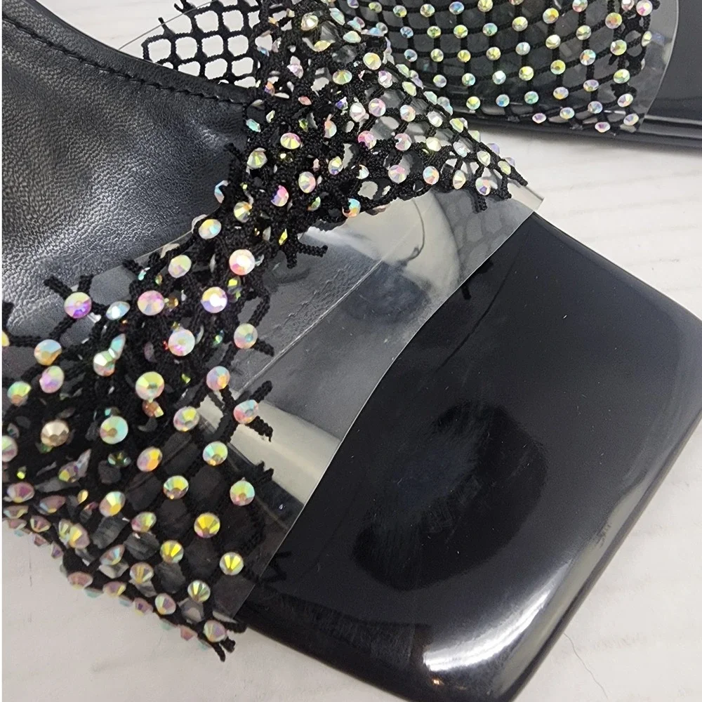 Vivianly Black Rhinestone Fishnet Clear Wedge Heel Mules Sandals Womens 9 NEW - Picture 8 of 8